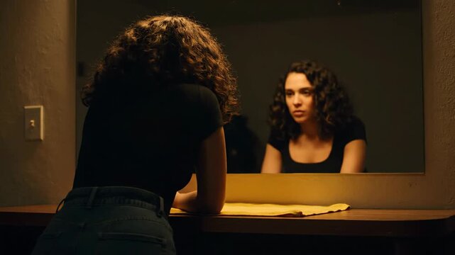Sequence showing a young adult female looking in a mirror with a sad expression. Concept of mental health, self reflection, and anxiety in a cinematic wide banner format