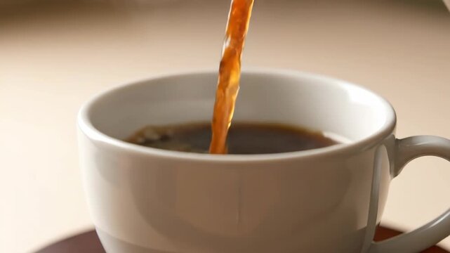 Warm, rich brown coffee streams into a white ceramic mug in a cozy close-up shot indoors.