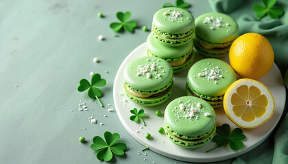 Green macaron treats with lemon and shamrock decorations for St. Patrick's Day celebration. Colorful macaron desserts arranged on plate with citrus fruit and festive clovers. Ideal for St.