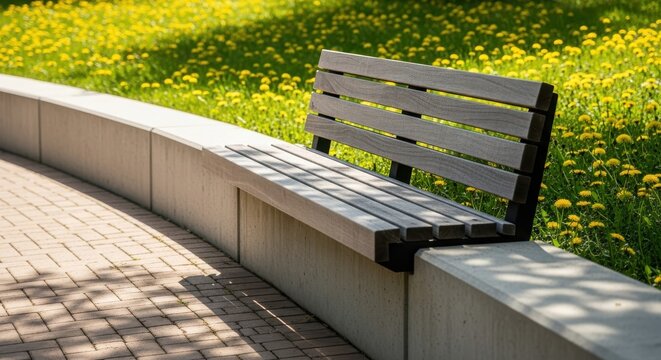 Modern outdoor seating fixture rests against a curved concrete retaining wall surrounded by bright yellow wildflowers
