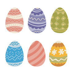 Set of six pastel decorated easter eggs, spring holiday vector illustration isolated on white
