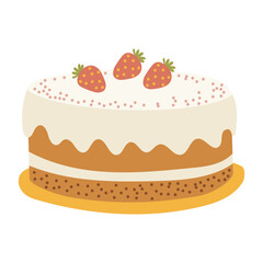 Easter cake with white icing and strawberries, sweet dessert vector illustration isolated on white