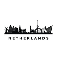 Netherlands skyline illustration featuring iconic buildings and a windmill