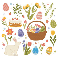 Big easter clipart set with eggs, bunny, basket, cake, flowers and strawberries, vector elements isolated on white