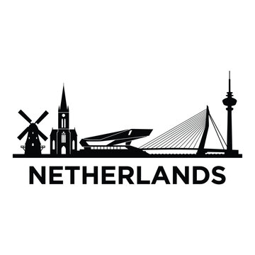 Netherlands skyline featuring windmills churches bridges and a tower