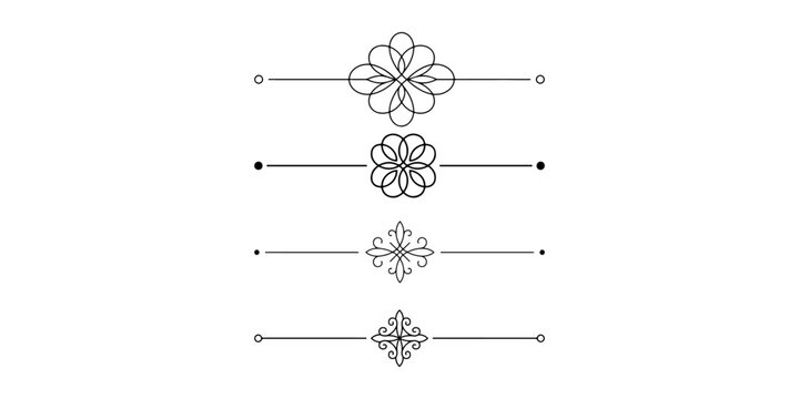Set of four black linear divider elements with floral and geometric center ornaments for elegant wedding menu and certificate decoration