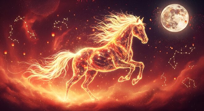 Vibrant chinese new year fire horse under lunar sky