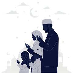 Ramadan family praying together under crescent moon silhouette