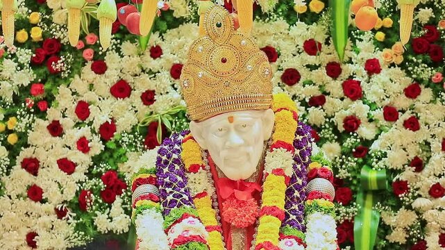 A closeup video of Sai Baba or Sai Ram idol surrounded by floral decorations inside the temple