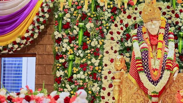 A pan shot of Sai Baba or Sai Ram idol surrounded by floral decorations inside the temple