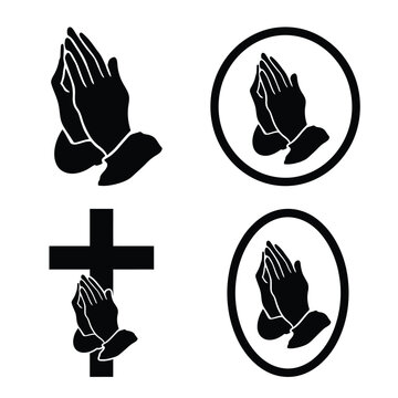 Praying hands and religious symbols in monochrome vector illustration