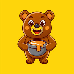 Fototapeta premium Cute brown bear holding honey pot with a big smile on yellow background