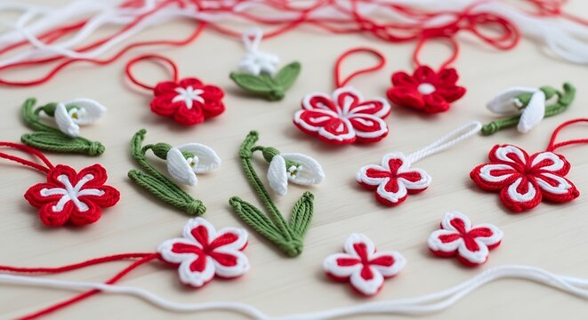 Set of Handmade Crochet Martisor Flowers and Snowdrops - Traditional Red and White Spring Crafts.