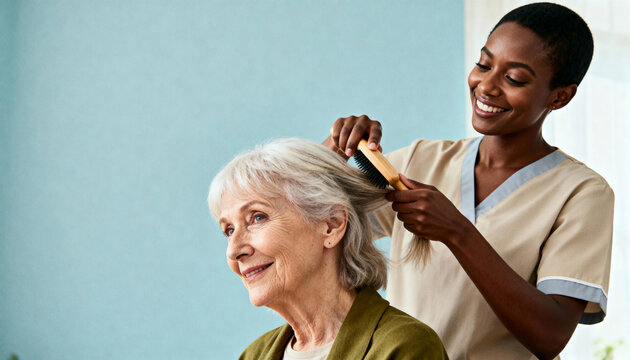 Smiling caregiver brushing a senior woman's hair. Young Black nurse providing support and personal care to an elderly patient. Elder care and assisted living concept