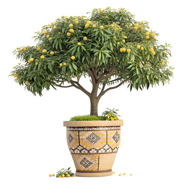 Elegant flowering bonsai tree with yellow blooms in a decorative mosaic ceramic planter.