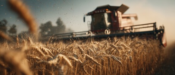 Fototapeta premium Combine harvester cutting ripe wheat at harvest time. Agricultural machinery farm working in golden grain field. Modern farming equipment during crop harvest and food production season.