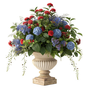 Luxurious floral arrangement with blue hydrangeas and red flowers in a classic stone urn.