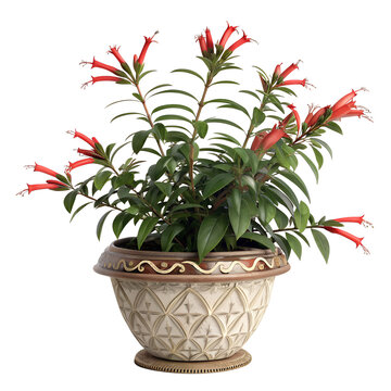 Blooming Lipstick plant Aeschynanthus radicans in a decorative classic ceramic pot isolated on white.
