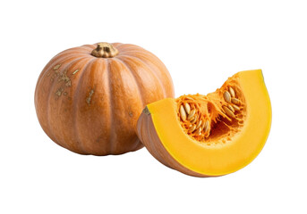 Whole, rustic organic Kabocha squash and cut wedge revealing vivid orange flesh, seeds, on transparent surface against transparent background, soft studio light, concept of wholesome nutritious
