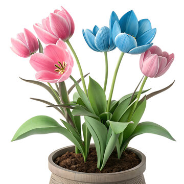 Beautiful pink and blue tulips in a rustic clay pot isolated on white background.