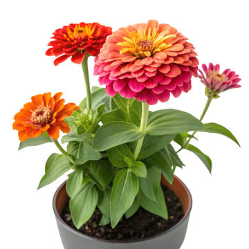 Vibrant colorful zinnia flowers in a pot isolated on white background.