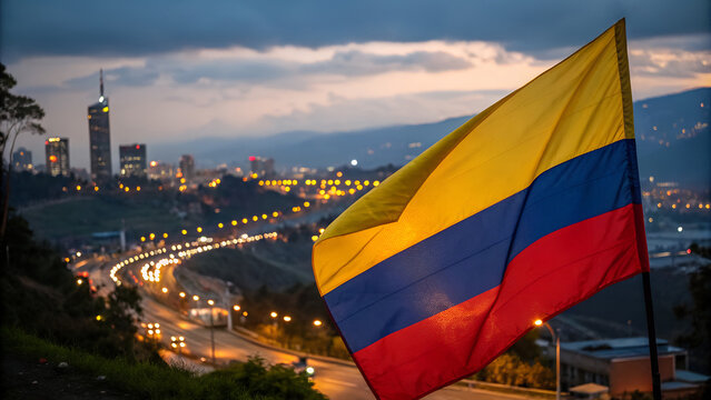 Close-up Colombia flag Waving in the Wind. Evening background, In the capital of Bogota city lights and road