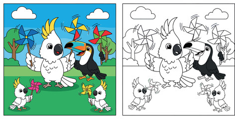 Obraz premium Cute cartoon cockatoo and toucan playing with pinwheels. Happy bird family holding colorful wind toys in park. Vector illustration for kids education and nursery art.