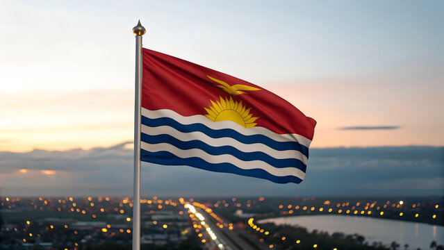Close-up Kiribati Flag on a white background) Waving in the Wind. Evening background, In the capital of South Tarawa city lights and road