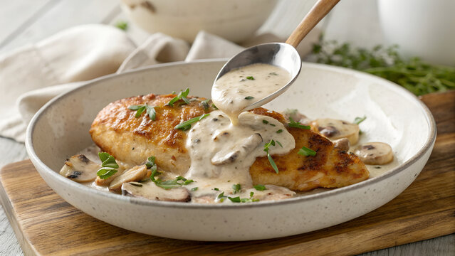 Creamy mushroom sauce ladled onto chicken breast, browned edges, herbs sprinkled, rustic farmhouse table