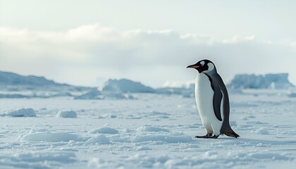 Obraz premium Single Penguin Standing Alone in Antarctic Icy Landscape