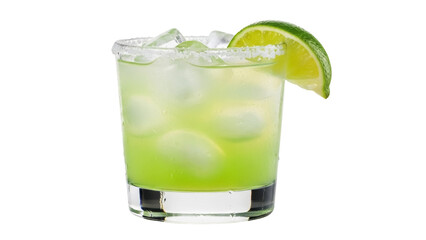 Isolated Margarita cocktail with lime, ice and salt rim. Classic alcoholic mixed drink.