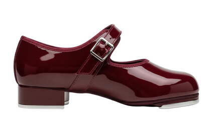 Isolated shiny burgundy patent leather Mary Jane tap shoe with ankle strap and low heel