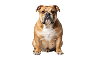 Isolated English Bulldog, light-brown coat, small build, sitting upright, facing the camera