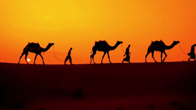 Silhouette of a camel caravan and people walking on sand dunes during a golden sunset