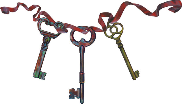 Three vintage hand drawn keys tied with a red ribbon on transparent background for decorative element or mystery concept