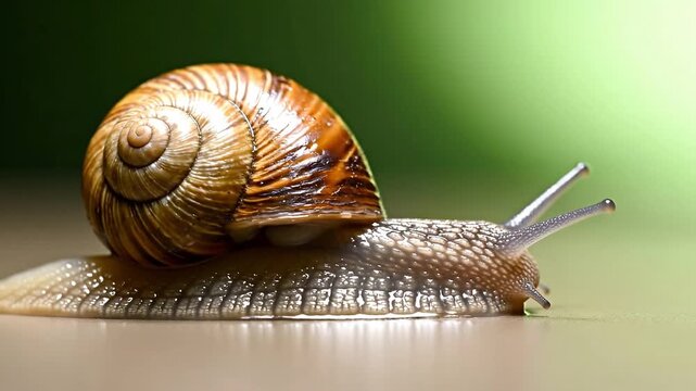 Macro Close Up of Brown Snail Crawling on Smooth Surface With Detailed Spiral Shell and Textured Body, Slow Moving Gastropod Against Soft Green Background