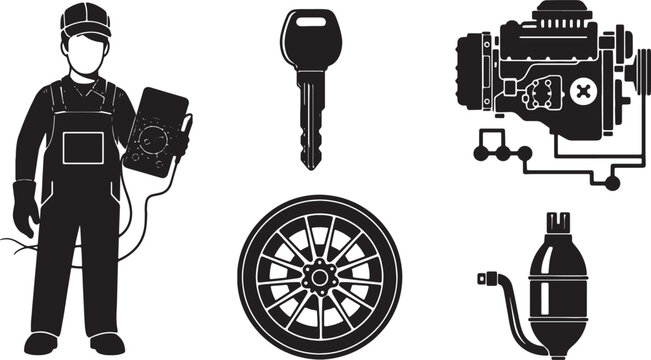 5-6 Black Solid Automotive Tools Silhouettes on White