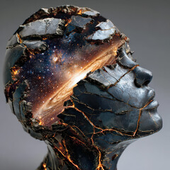 Obraz premium Surreal Cracked Stone Head with Glowing Cosmic Core