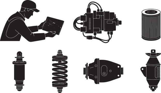 6 Black Solid Engine Diagnostic Silhouettes Set on White