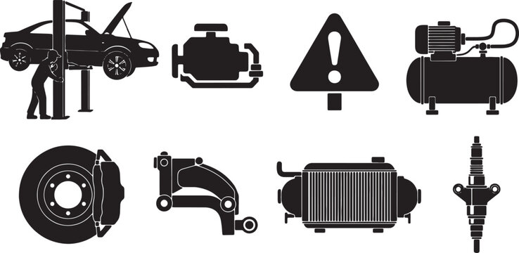 6 Black Solid Car Repair Silhouettes with Parts