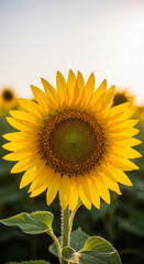 Fototapeta premium Close-up of a bright yellow sunflower with a green center, showcasing its vibrant petals and intricate seed pattern, representing warmth and summer beauty