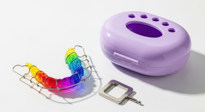 Colorful orthodontic retainer and protective carrying case displayed on a bright surface