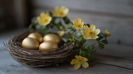 An enchanting arrangement of golden eggs in a bird's nest beside blooming spring flowers creates a vibrant atmosphere, perfect for Easter-themed home decor and festive celebrations, showcasing the