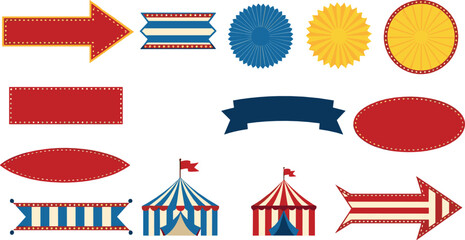 Carnival circus decorative label vector set with arrows, ribbons, badges, tents, frames, vintage fair signage, and colorful retro design elements © MstNazma