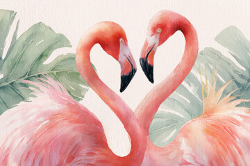 Naklejka premium Watercolor Flamingo Couple Forming Heart Shape on Tropical Background