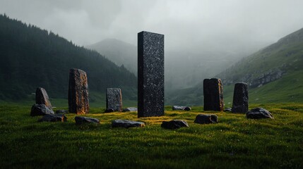 A monolith and standing stones arranged in a circle on a grassy plain. Hilly terrain fades into mist in the background