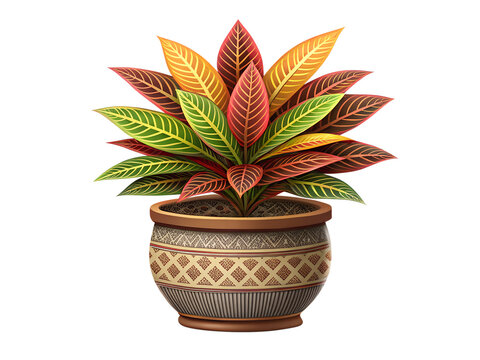 Colorful Croton Plant in Ornate Patterned Ceramic Pot Isolated on White