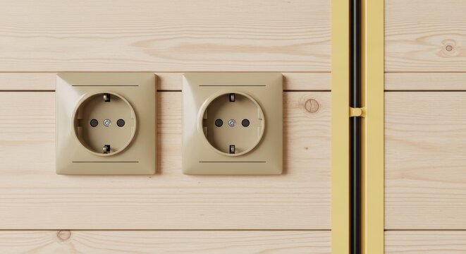 Two electrical outlets are mounted flush against a light colored wooden plank wall beside a conduit for wiring.