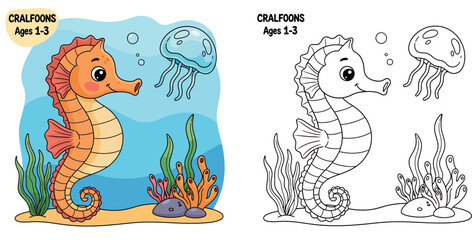 Cute cartoon seahorse and blue jellyfish swimming underwater vector illustration  happy orange sea animals with colorful coral reef and seaweed background for kids. © MstSangita