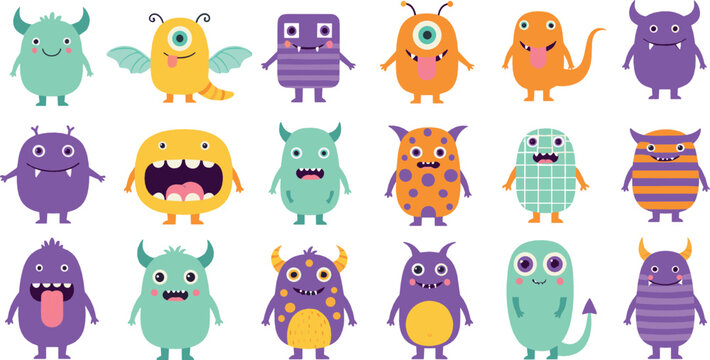 Cute colorful monster character vector set with funny aliens, quirky creatures, playful expressions, and kawaii cartoon fantasy mascots for kids